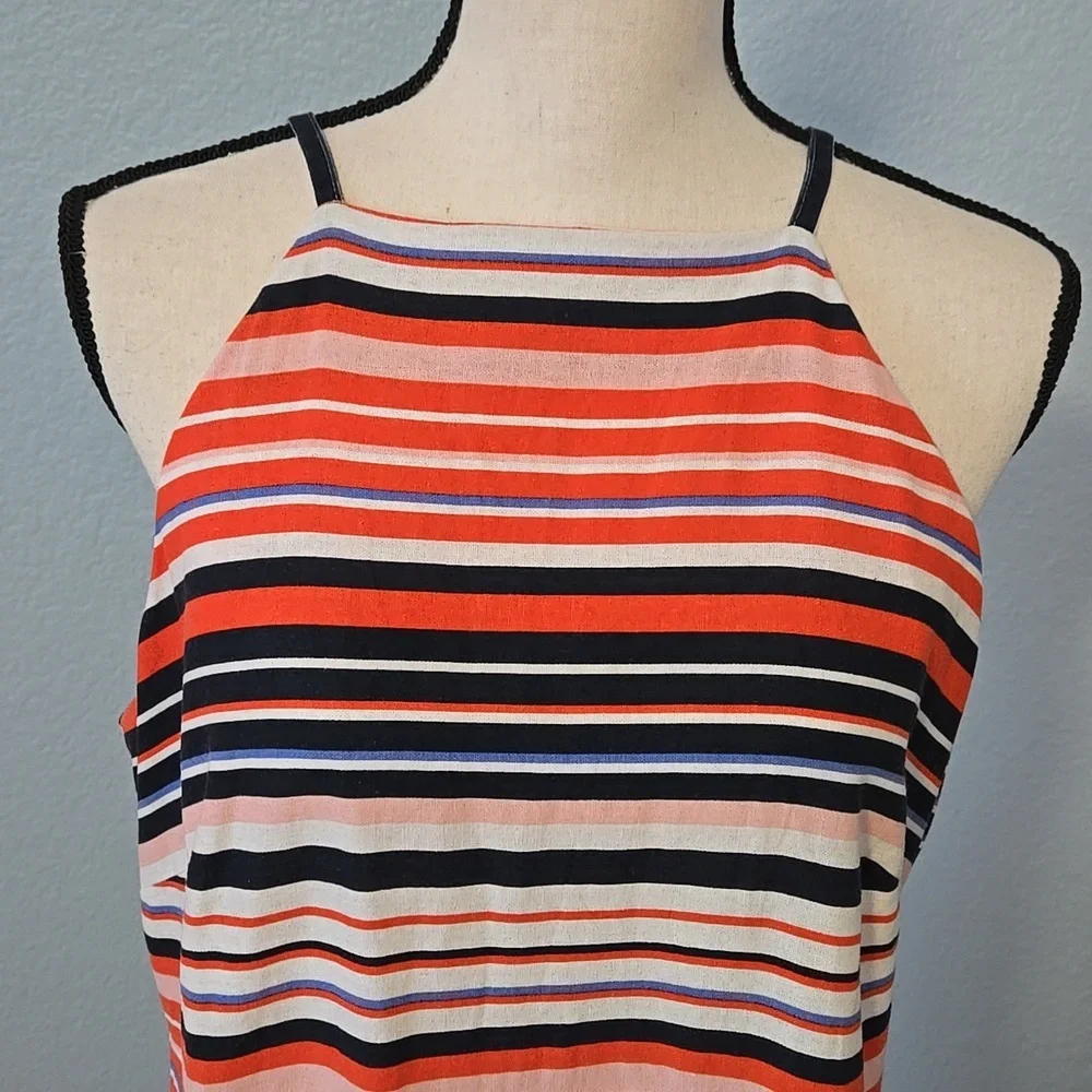 TOMMY HILFIGER Linen Halter Sheath Midi Dress Sz 12 Colorblock Preppy Collegiate - Picture 2 of 12